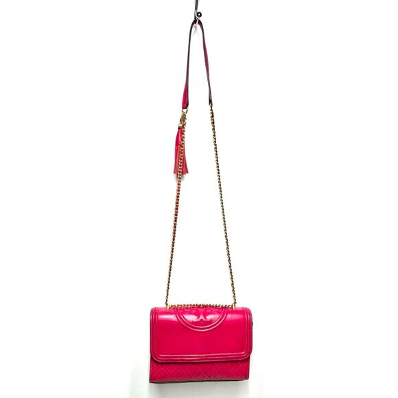 Tory Burch Fleming Quilted Magenta Convertible Shoulder Bag Gold Chain Tassel - Picture 4 of 11